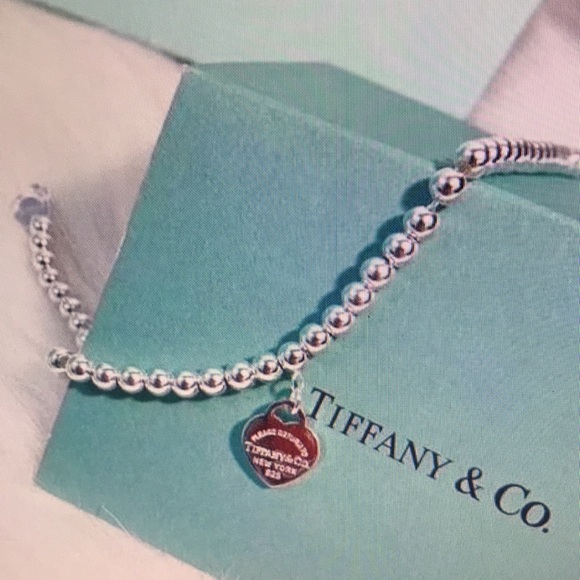 Tiffany & Co Silver Beaded Bracelet with Red Heart Charm - Picture 2 of 5